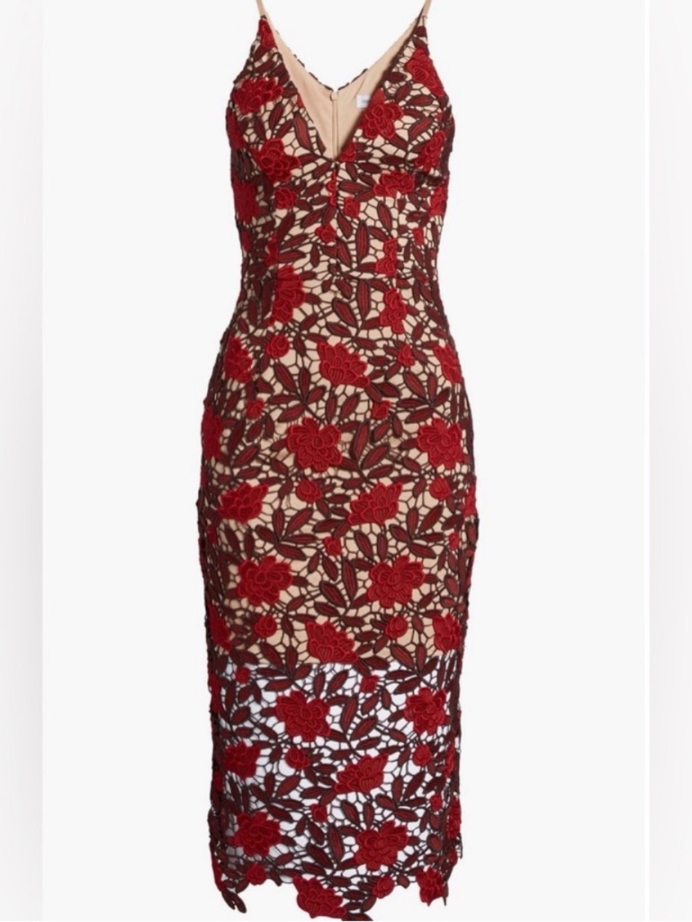 Dress the Population AURORA Red Floral Lace V-Neck Midi Dress SZ M
